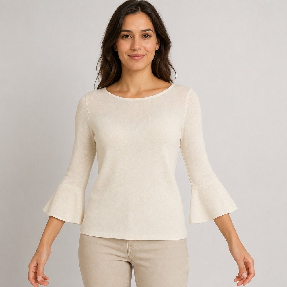 Talbots Bell Sleeve Sweater Women XS Ivory Cotton Rayon Boat Neck Pullover
